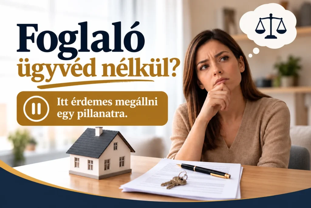 Foglaló fizetése ügyvéd nélkül ingatlanvásárláskor. Gondolkodó lakásvásárló szerződéssel, kulcsokkal és a foglaló kockázataira figyelmeztető felirattal.